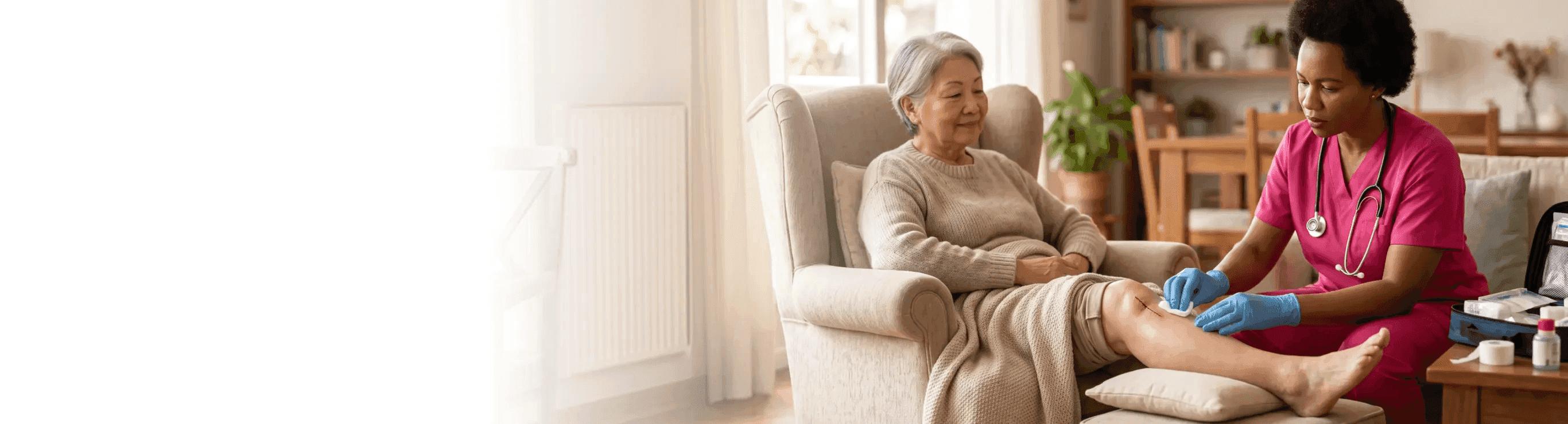 caregiver assisting a senior recovering at home after surgery