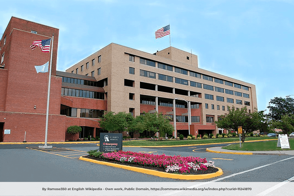 Big hospital with american flags