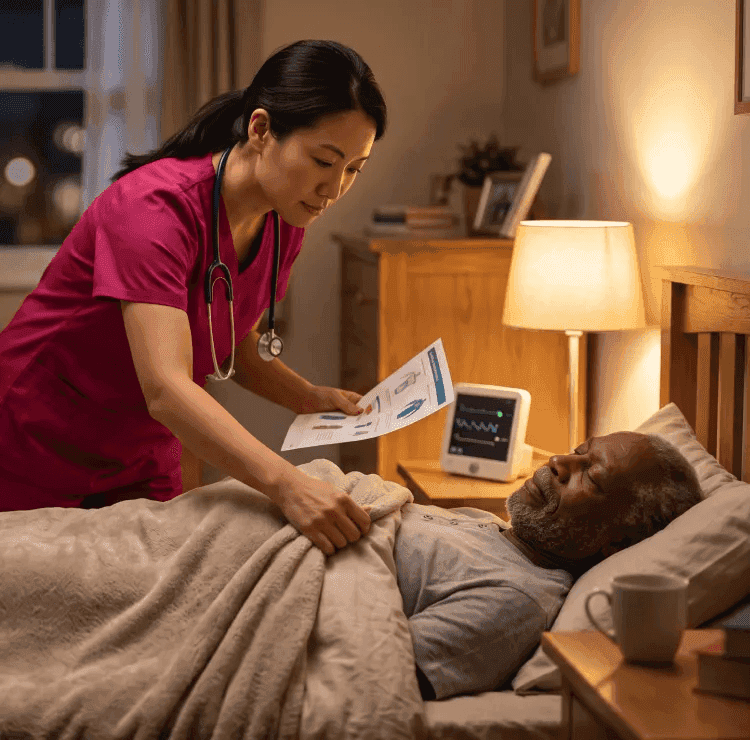 caregiver checking on a senior client during the night