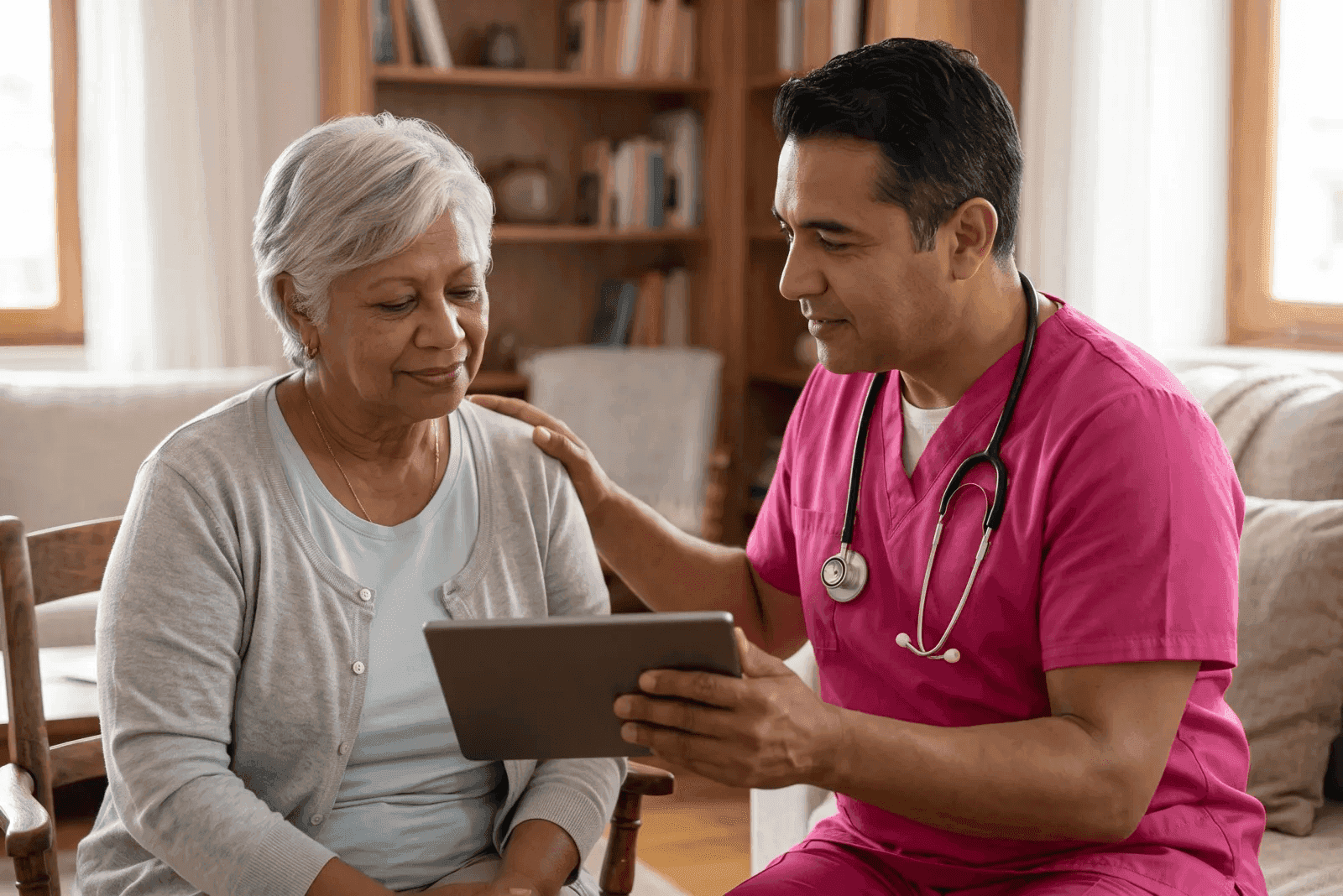 care manager and senior client reviewing a care plan together