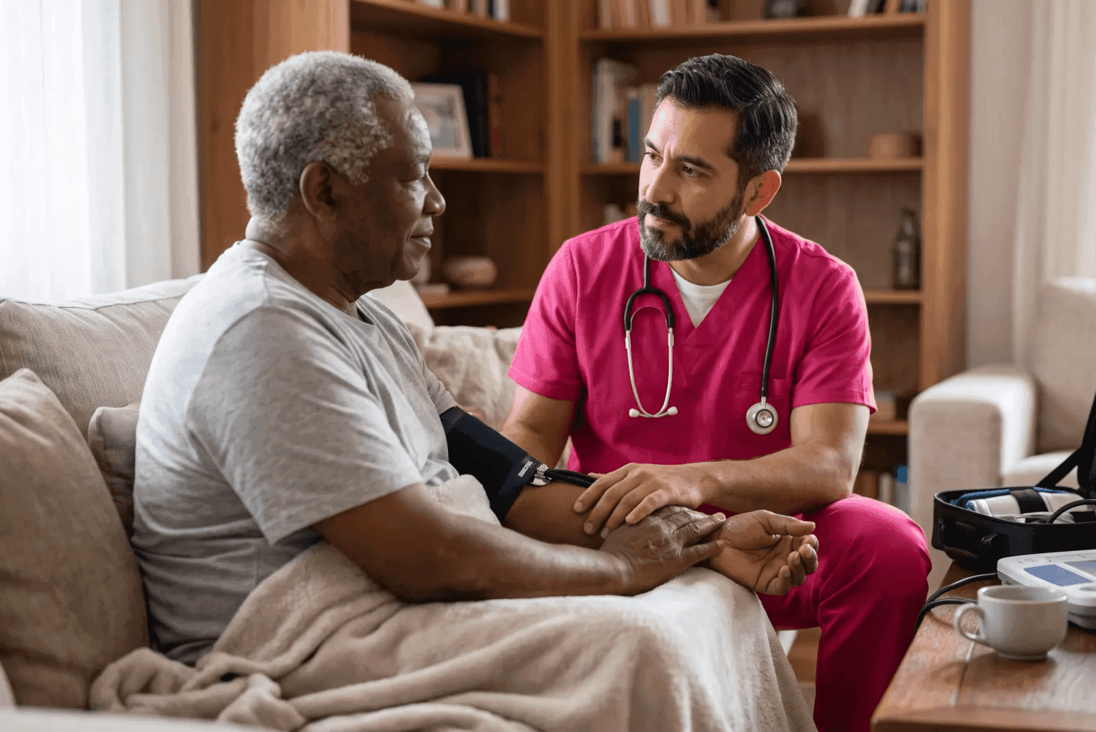 caregiver helping a senior client with daily activities after surgery