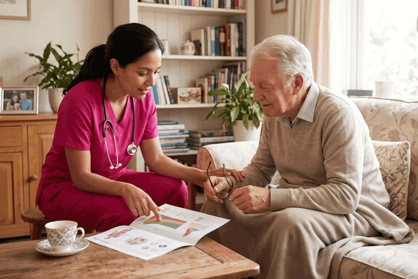caregiver having coffee and talking with a senior at home