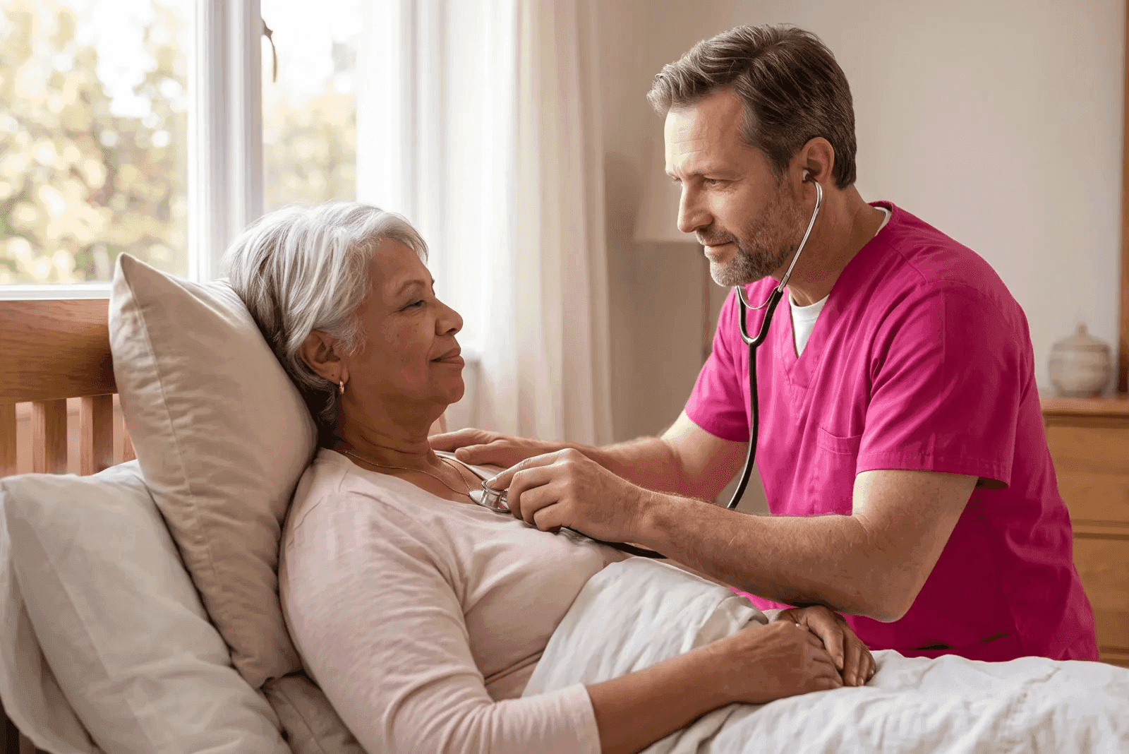 caregiver helping a senior client walk during recovery