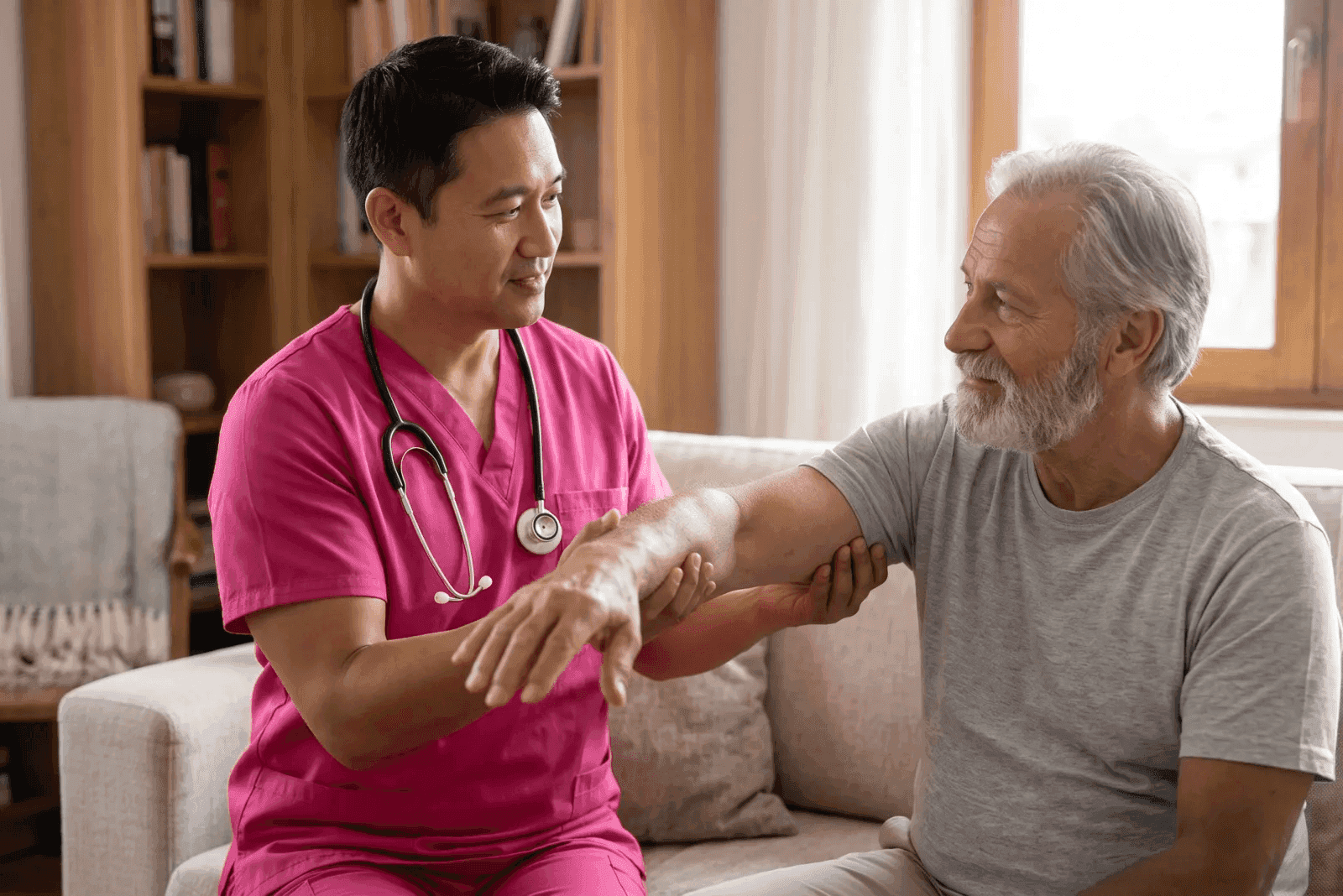 caregiver and senior client during recovery at home