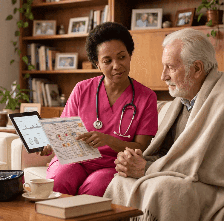 care manager reviewing a personalized care plan with a senior and family member