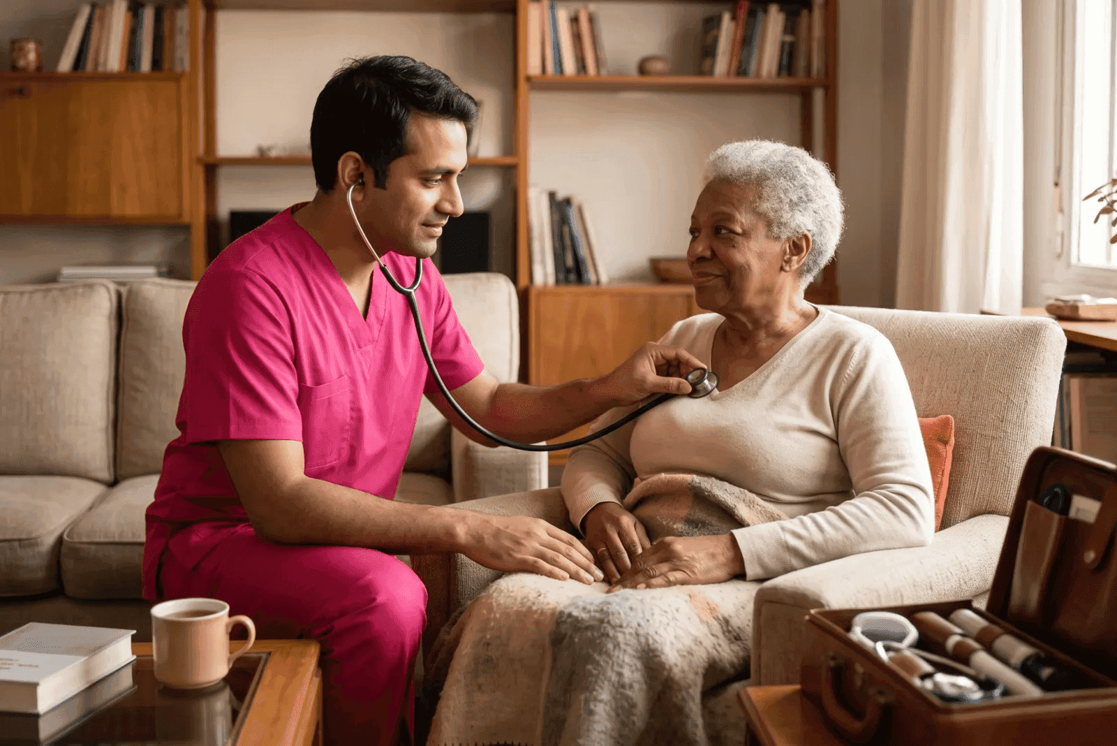caregiver going over a medication schedule with a senior client