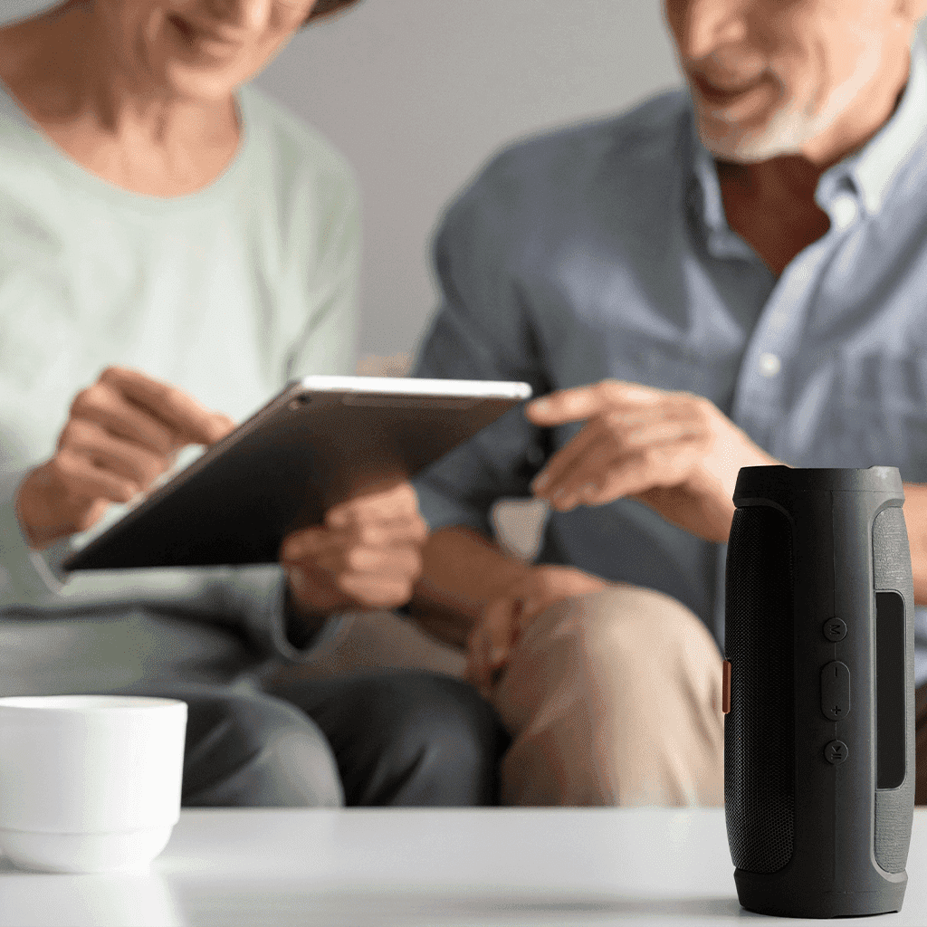 Elder couple looking at tablet 