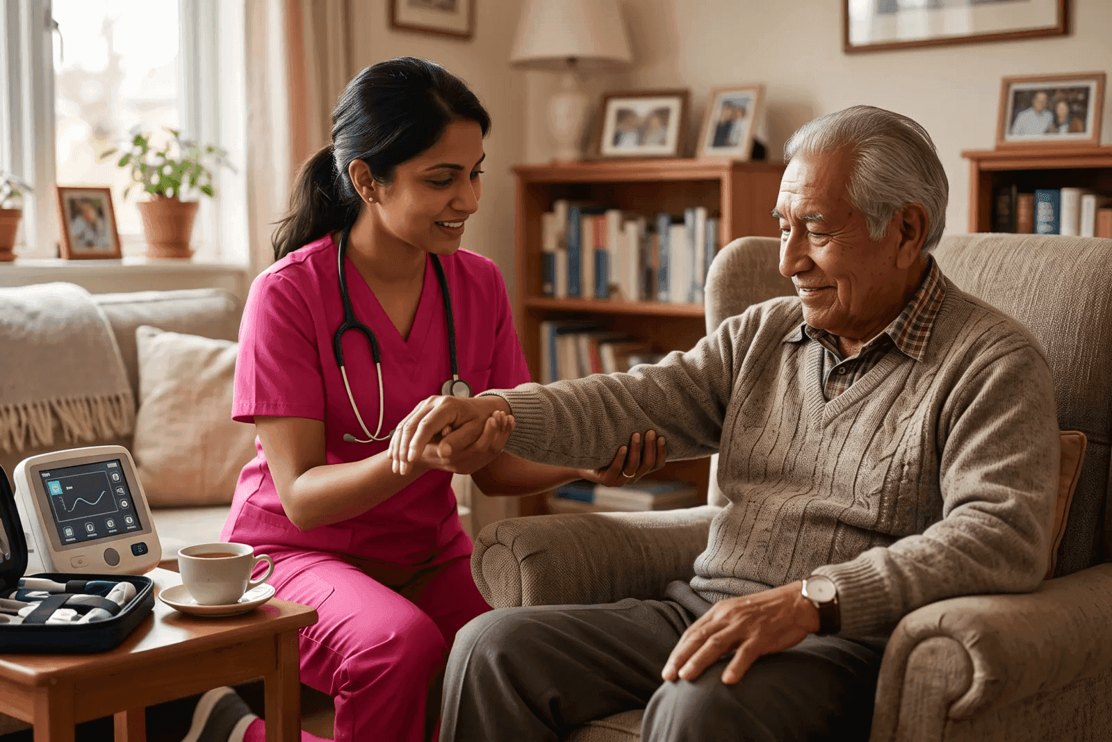 live-in caregiver helping a senior client with daily routines
