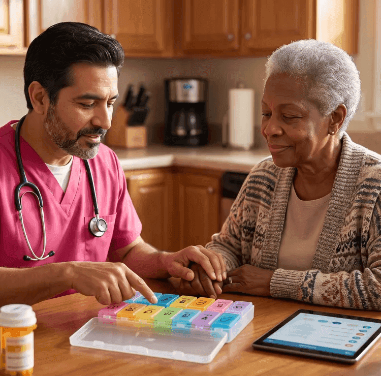 caregiver helping a senior organize daily medication
