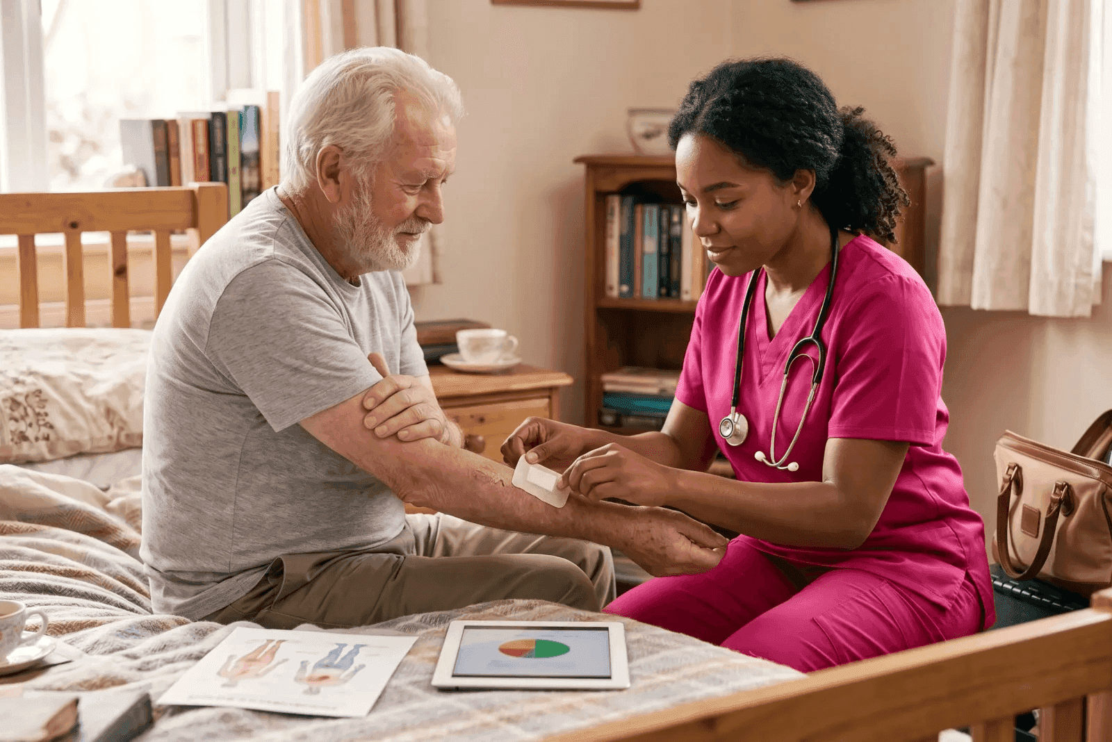 caregiver and senior client reviewing prescriptions together