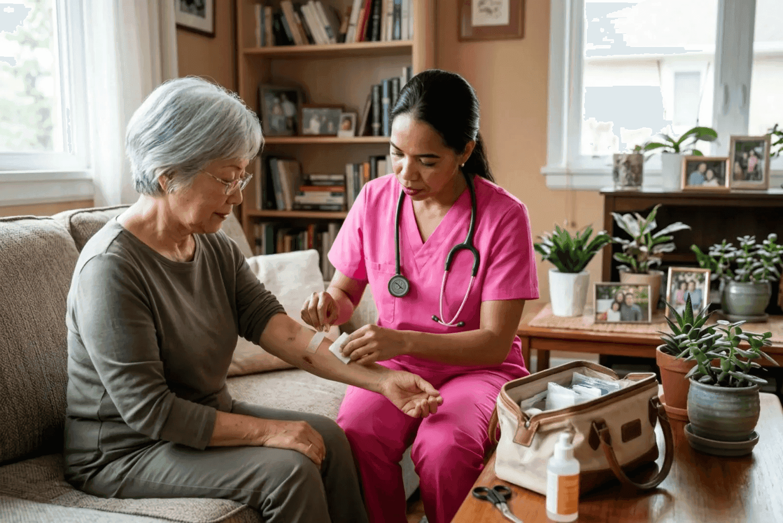 caregiver checking in on a senior client at home