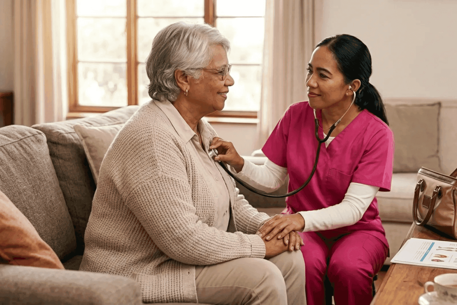 caregiver checking in on a senior parent at home