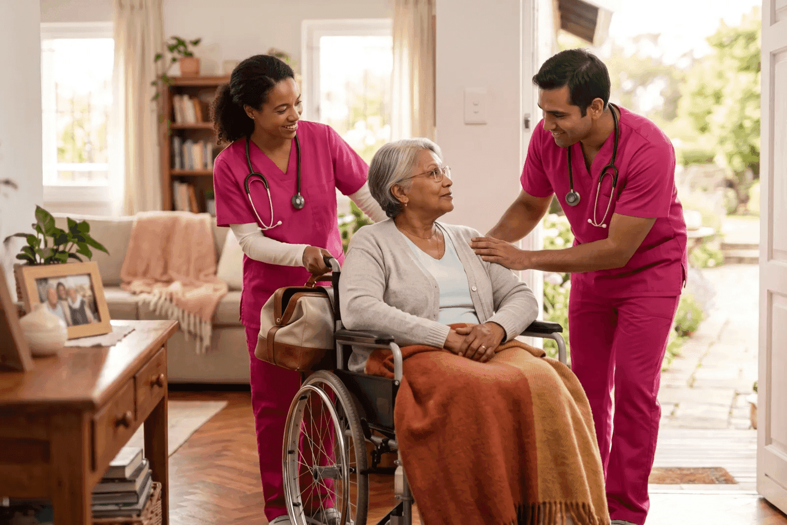 caregiver comforting a senior client at night