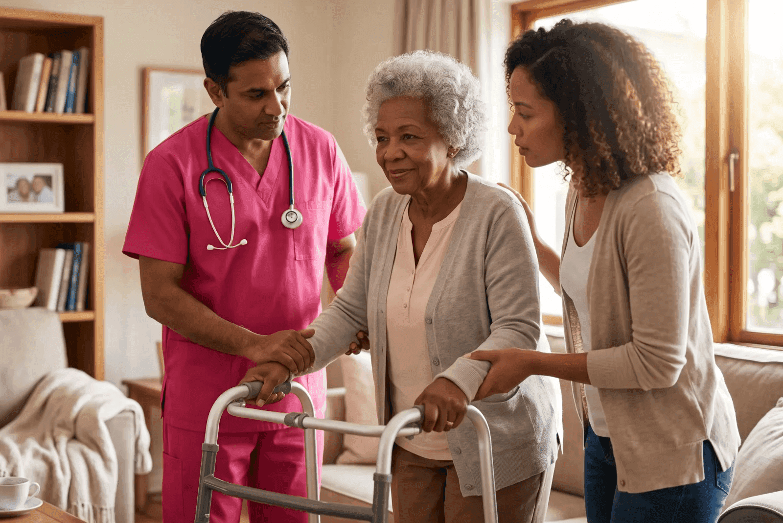 caregiver and senior parent spending time together at home