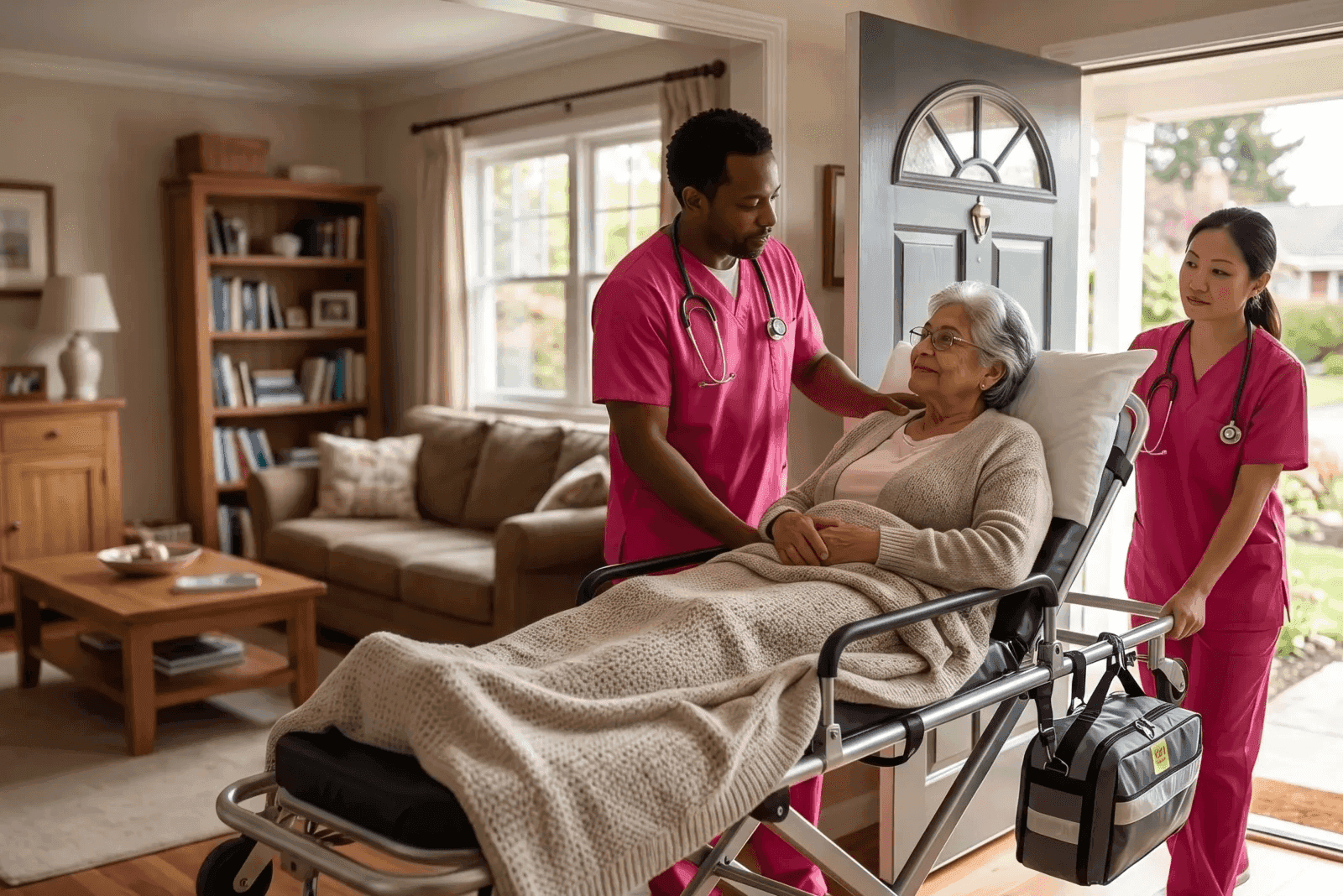 caregiver helping a senior client during the night