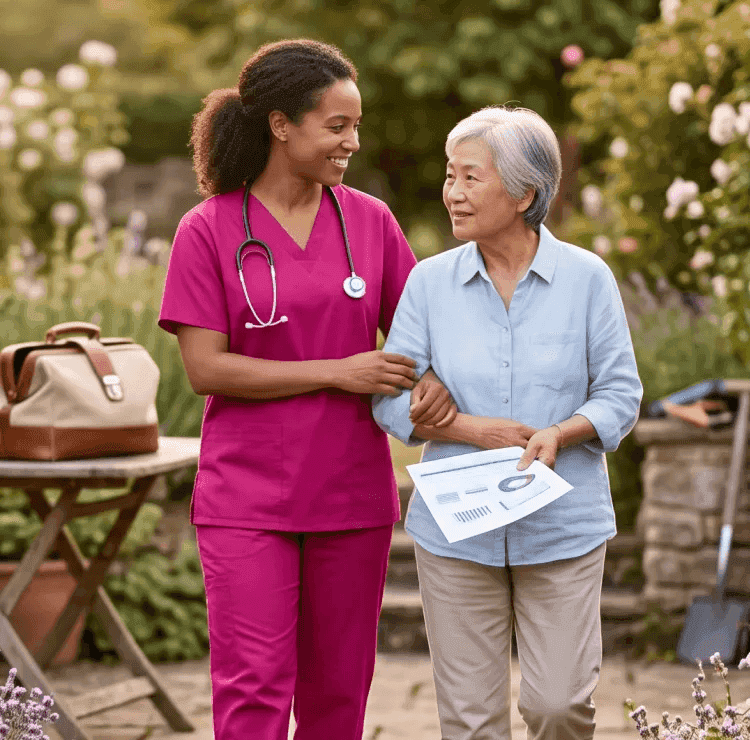 caregiver visiting and checking in on a senior living alone