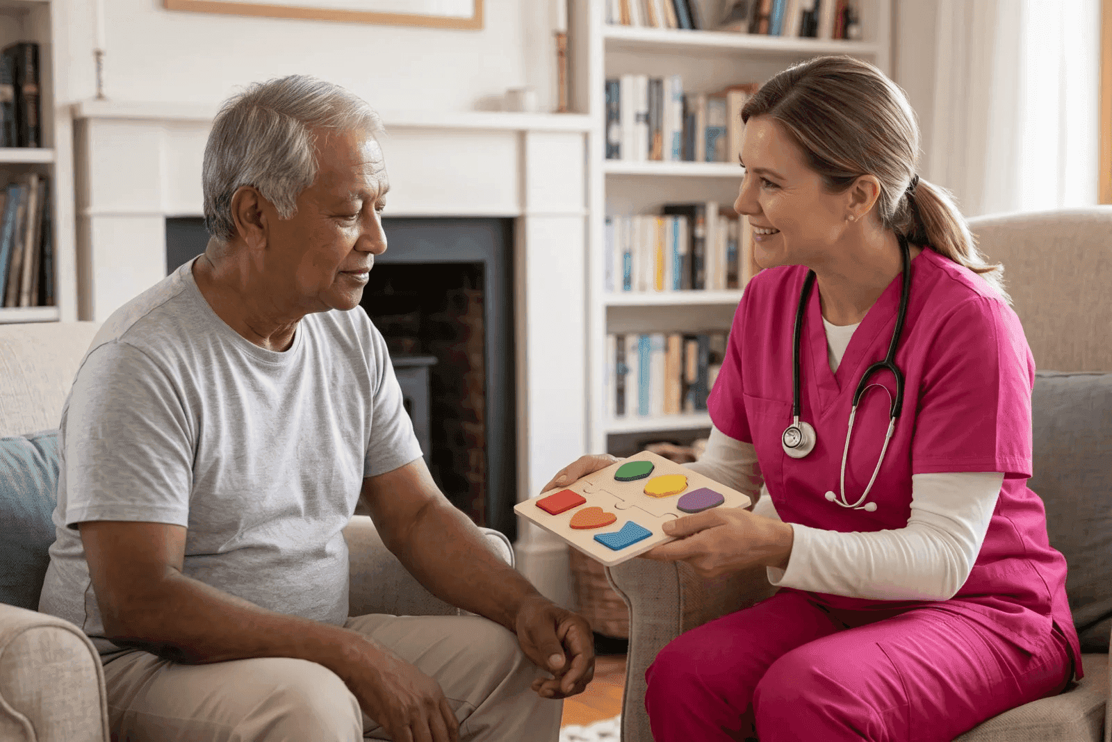 care manager reviewing paperwork with an adult child