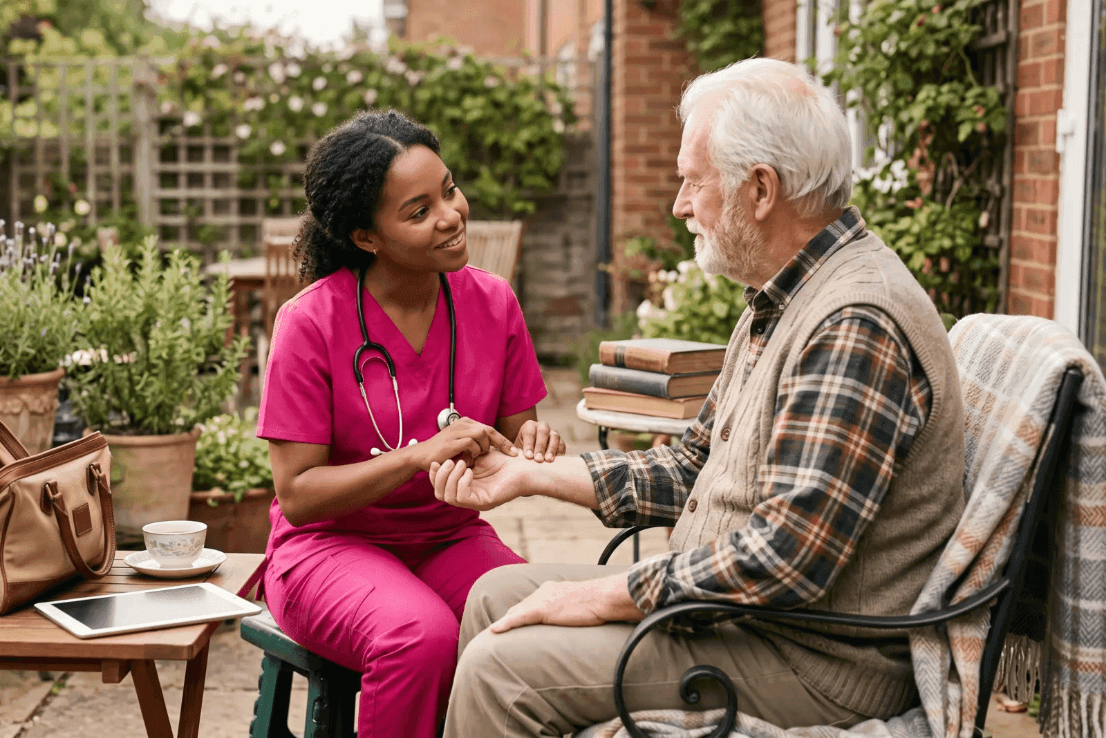 caregiver reviewing a pill organizer with a senior client