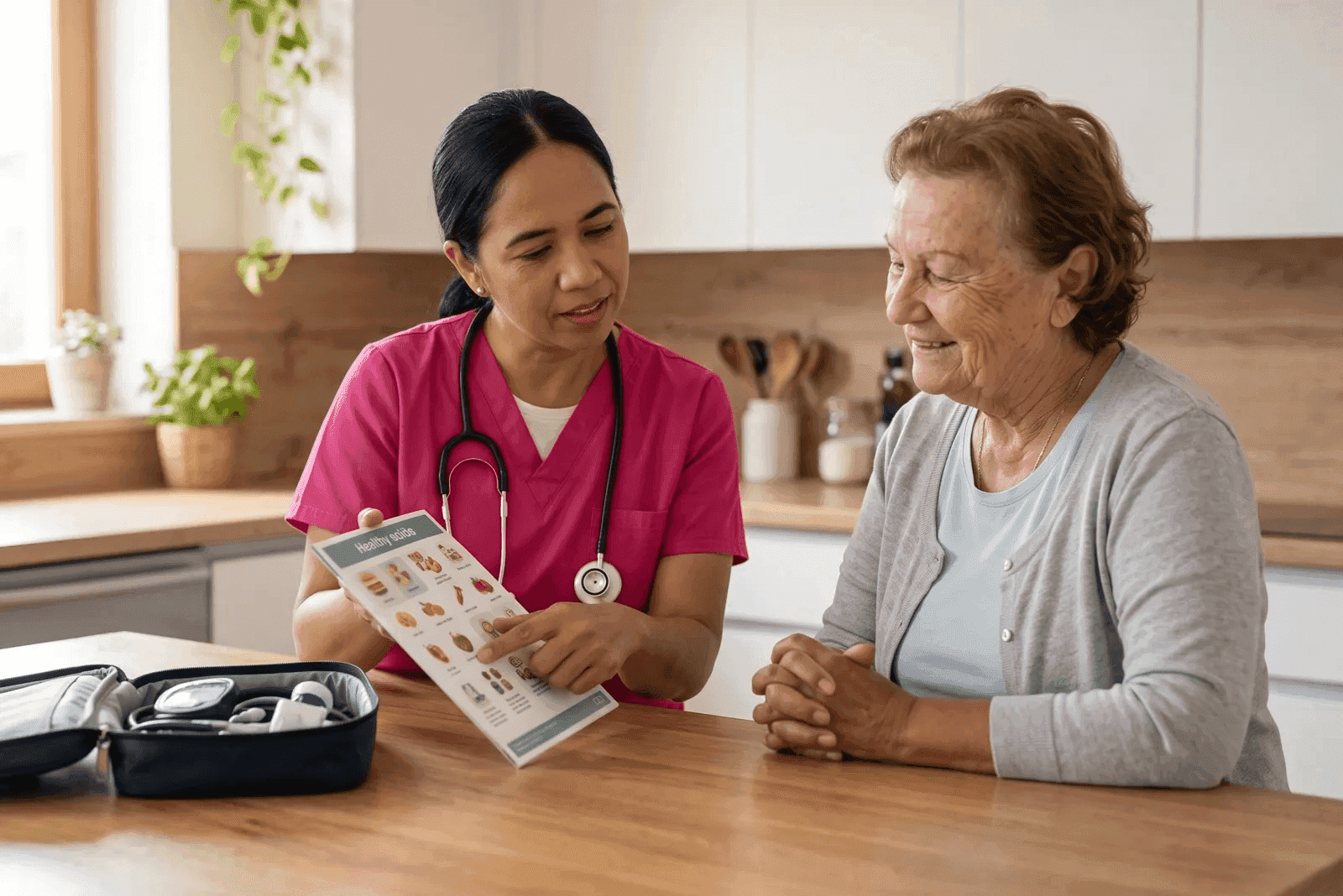senior talking with a caregiver in the car on the way to an appointment