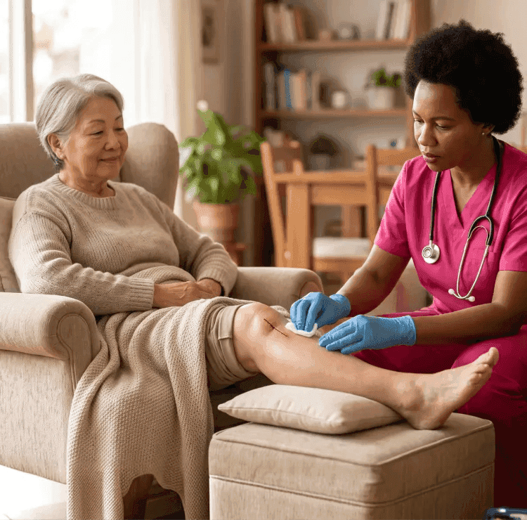 caregiver assisting a senior recovering at home after surgery