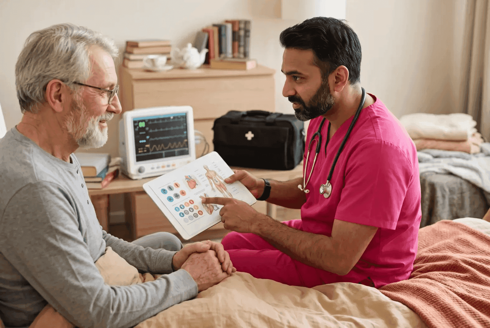 caregiver and senior client smiling together outdoors