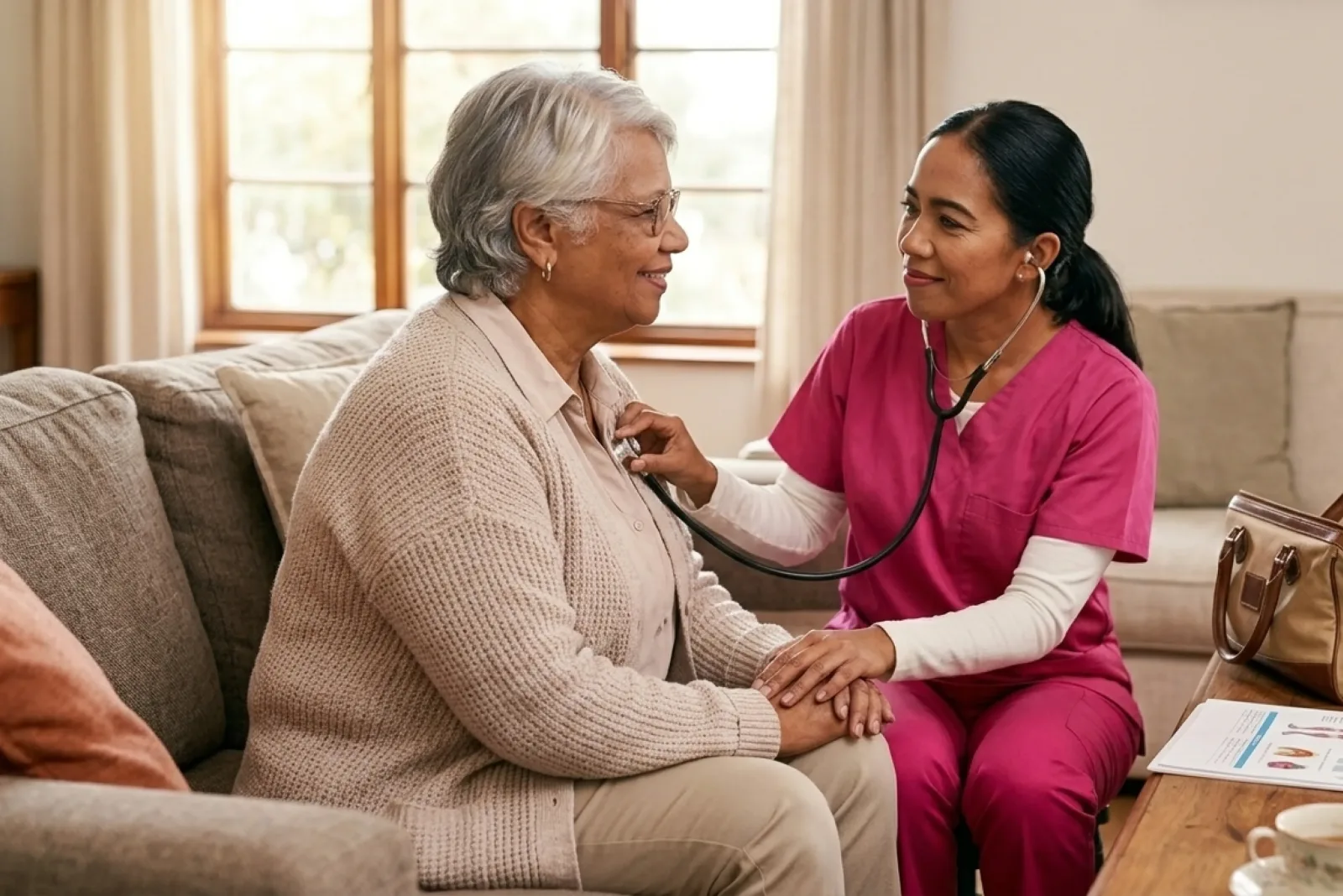 caregiver checking in on a senior parent at home