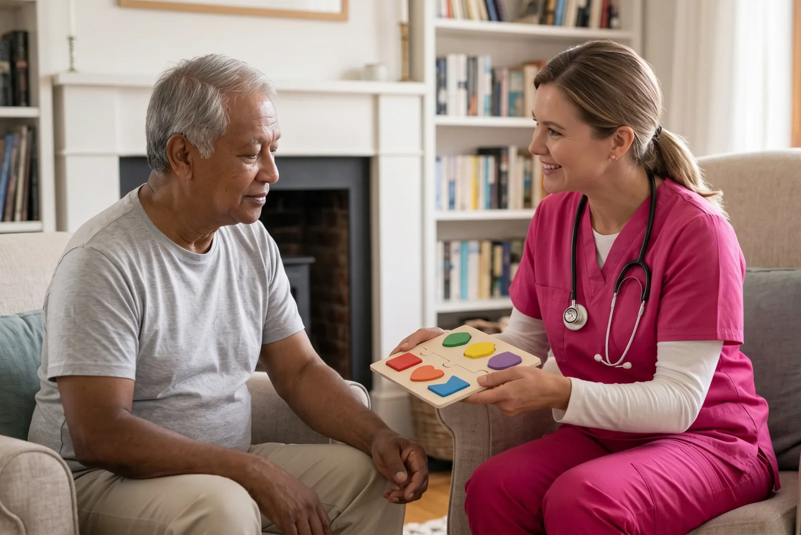 care manager reviewing paperwork with an adult child