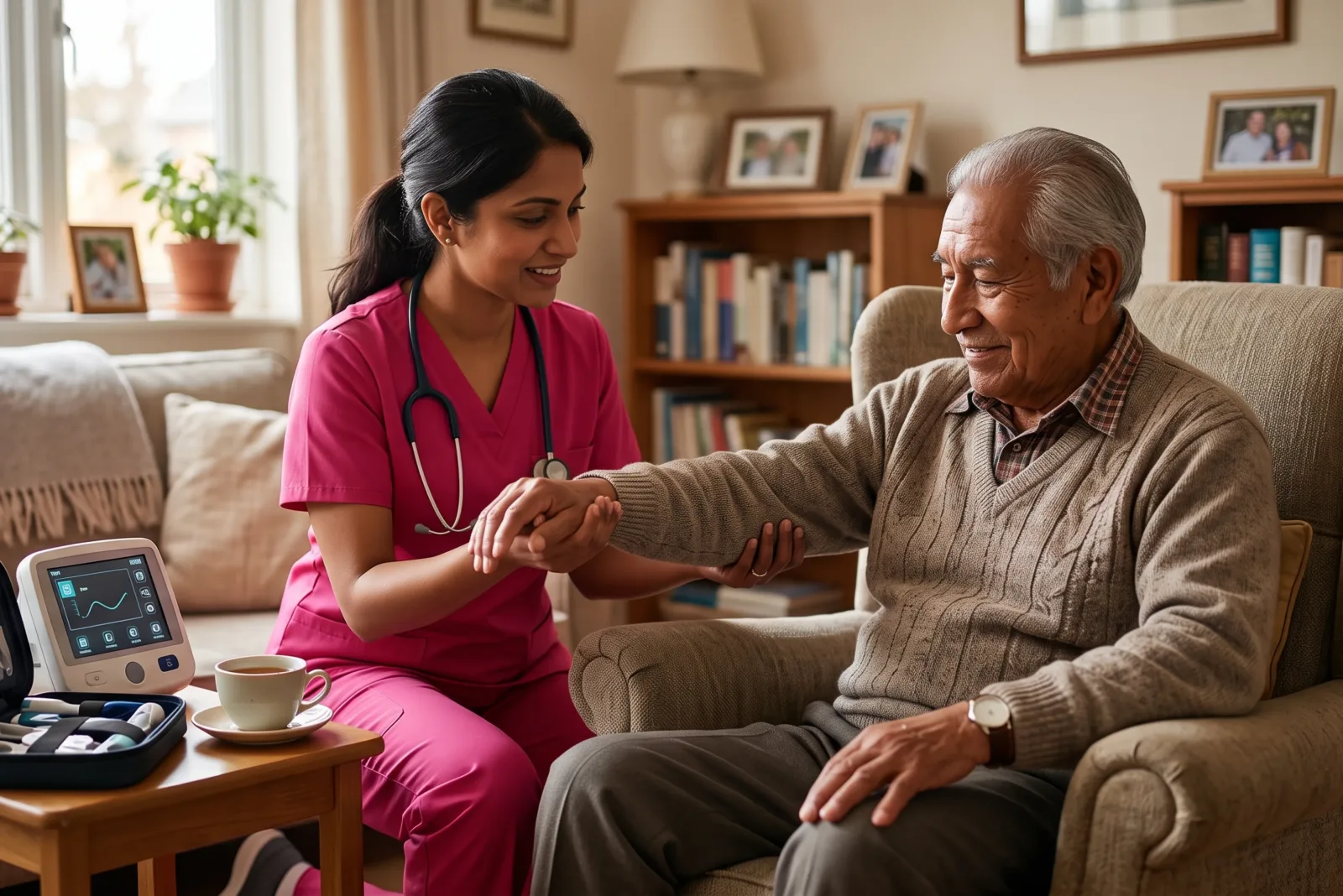 live-in caregiver helping a senior client with daily routines