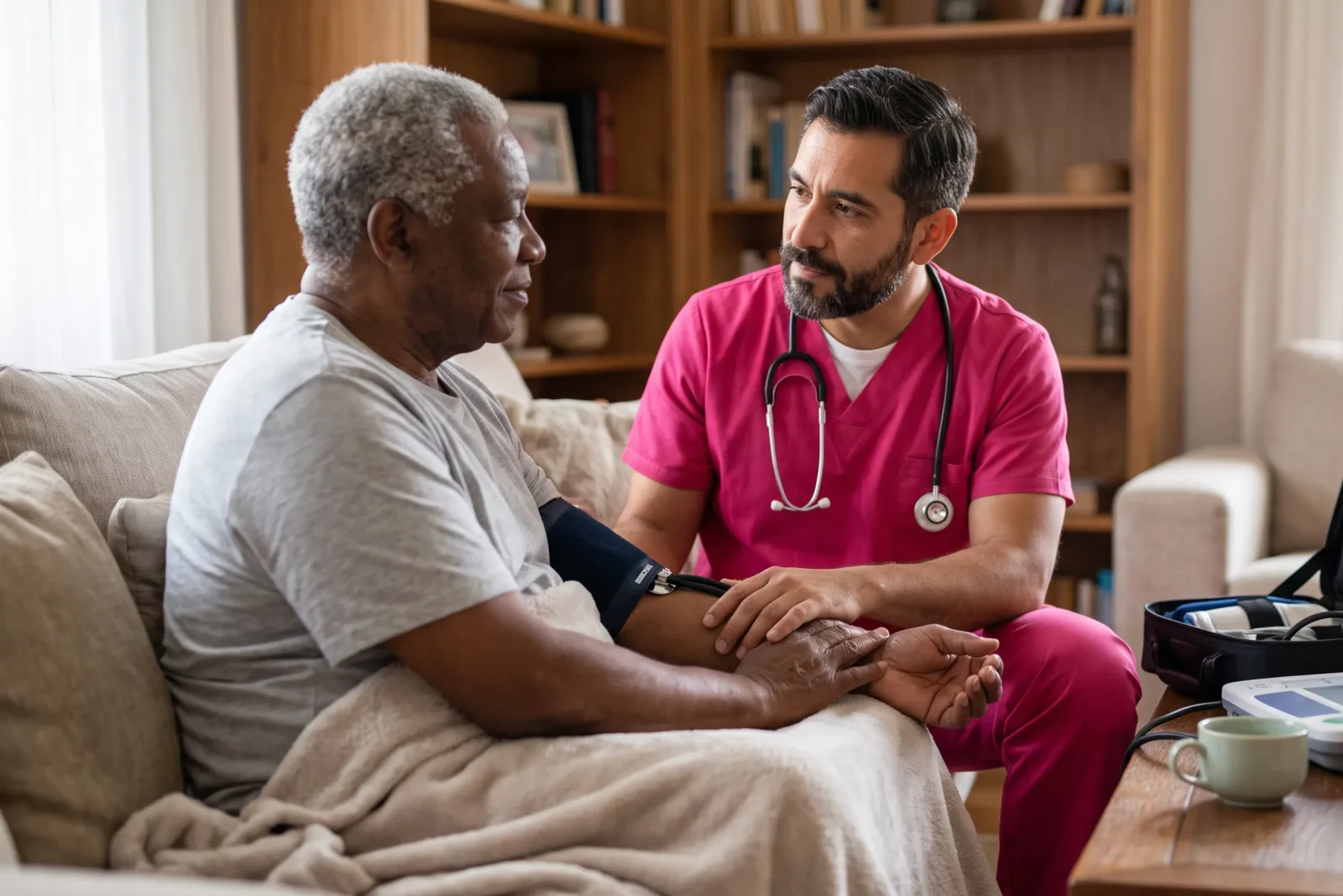 caregiver helping a senior client with daily activities after surgery