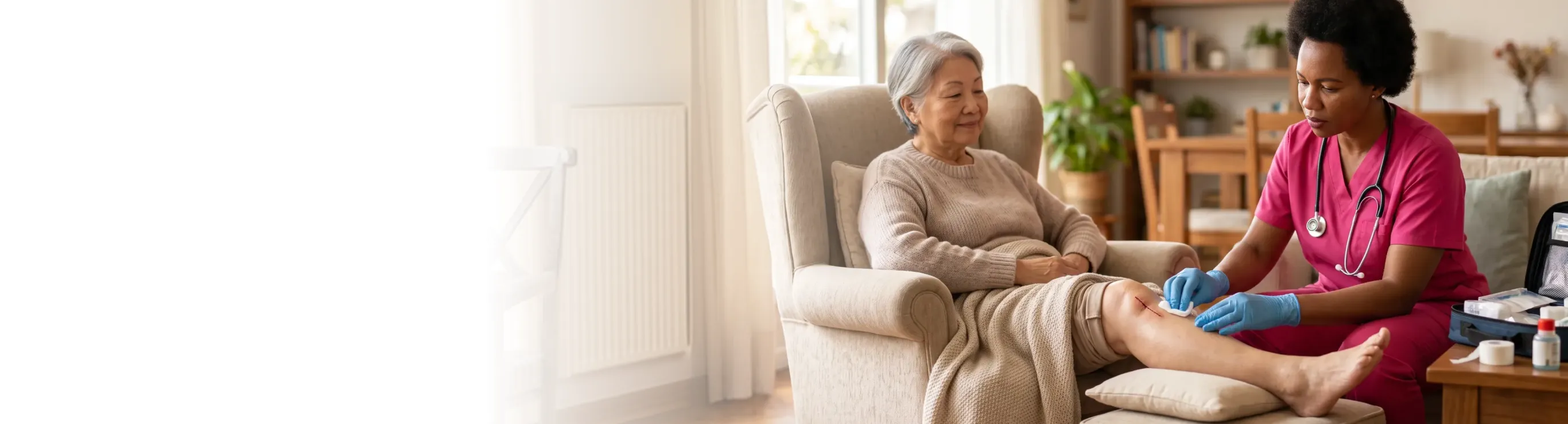 caregiver assisting a senior recovering at home after surgery