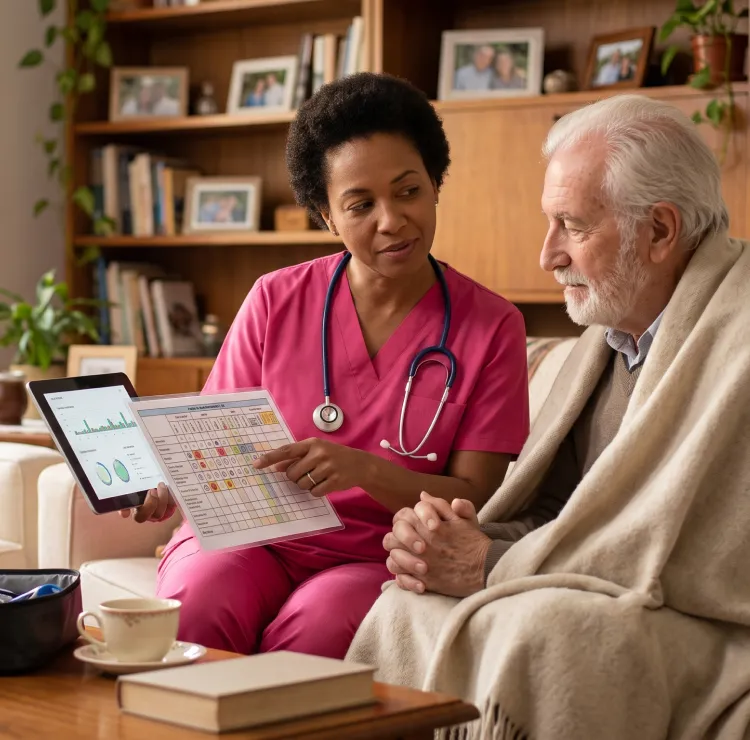care manager reviewing a personalized care plan with a senior and family member