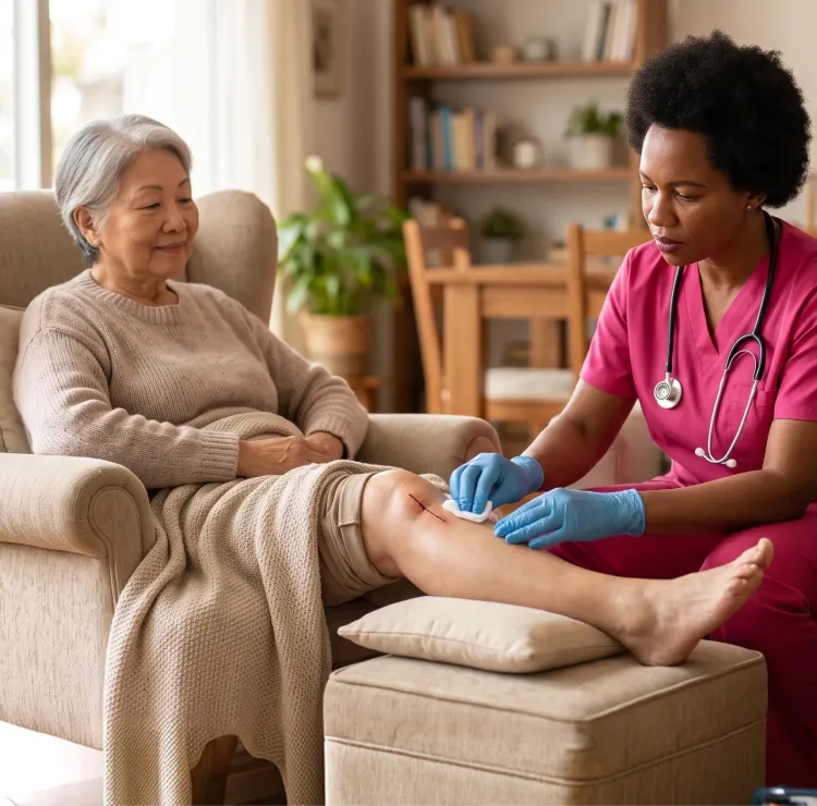 caregiver assisting a senior recovering at home after surgery