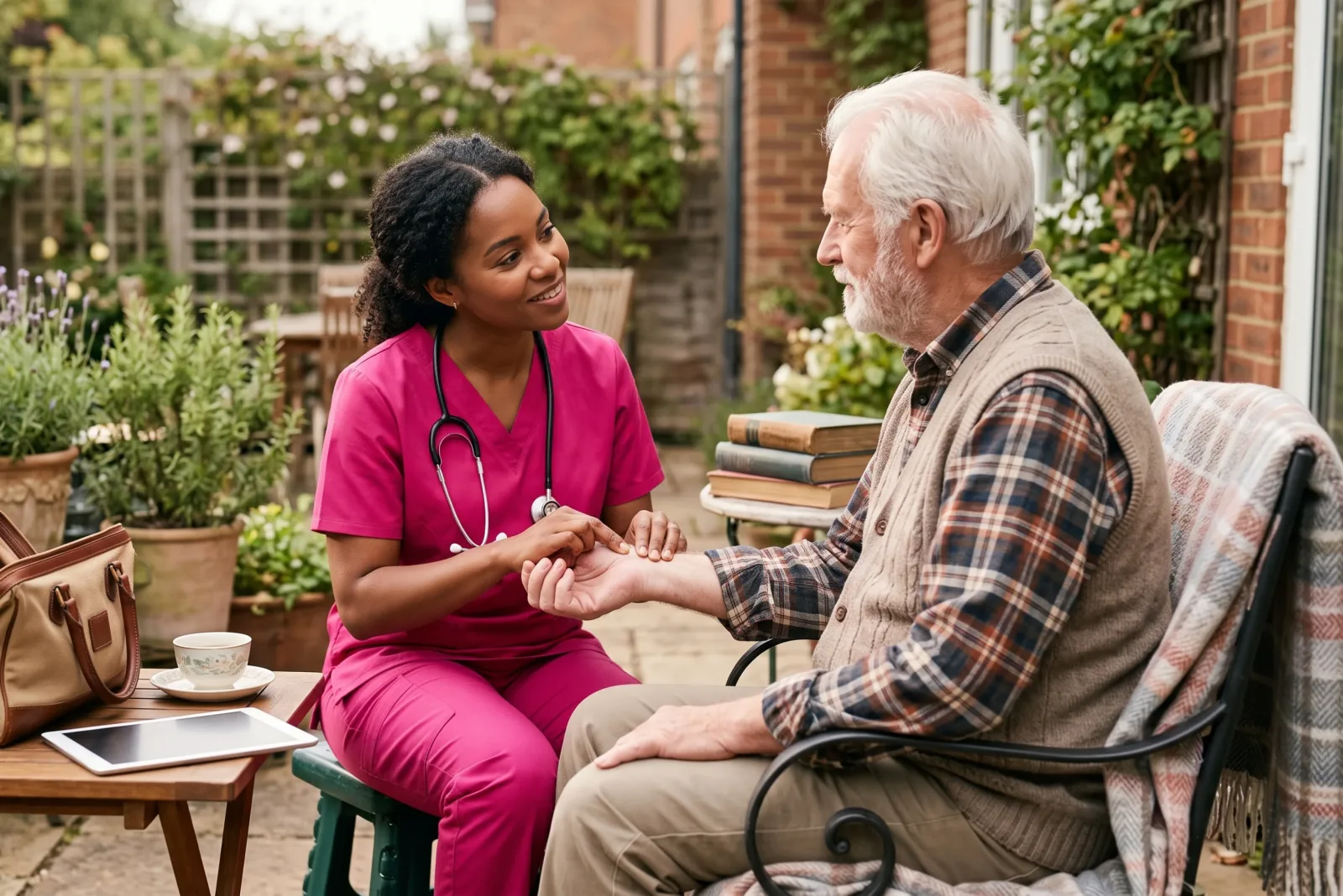 caregiver reviewing a pill organizer with a senior client
