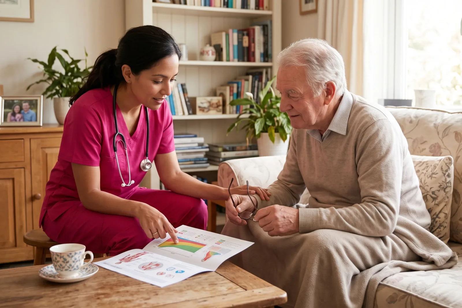caregiver having coffee and talking with a senior at home