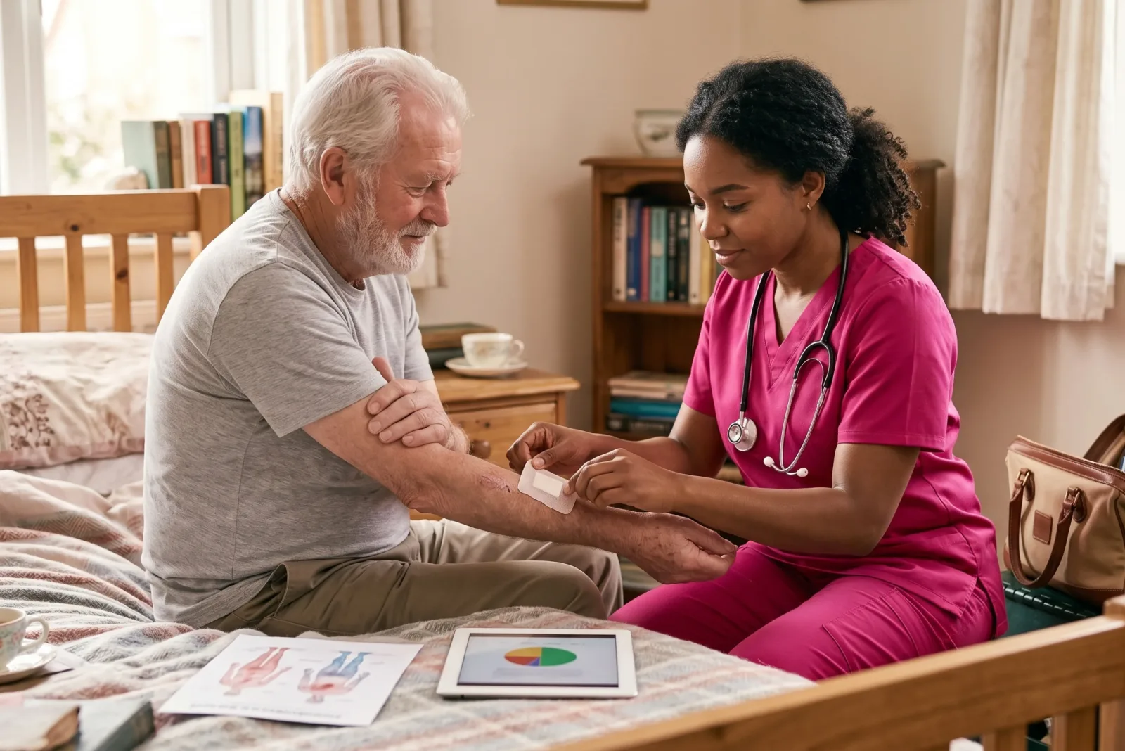 caregiver and senior client reviewing prescriptions together