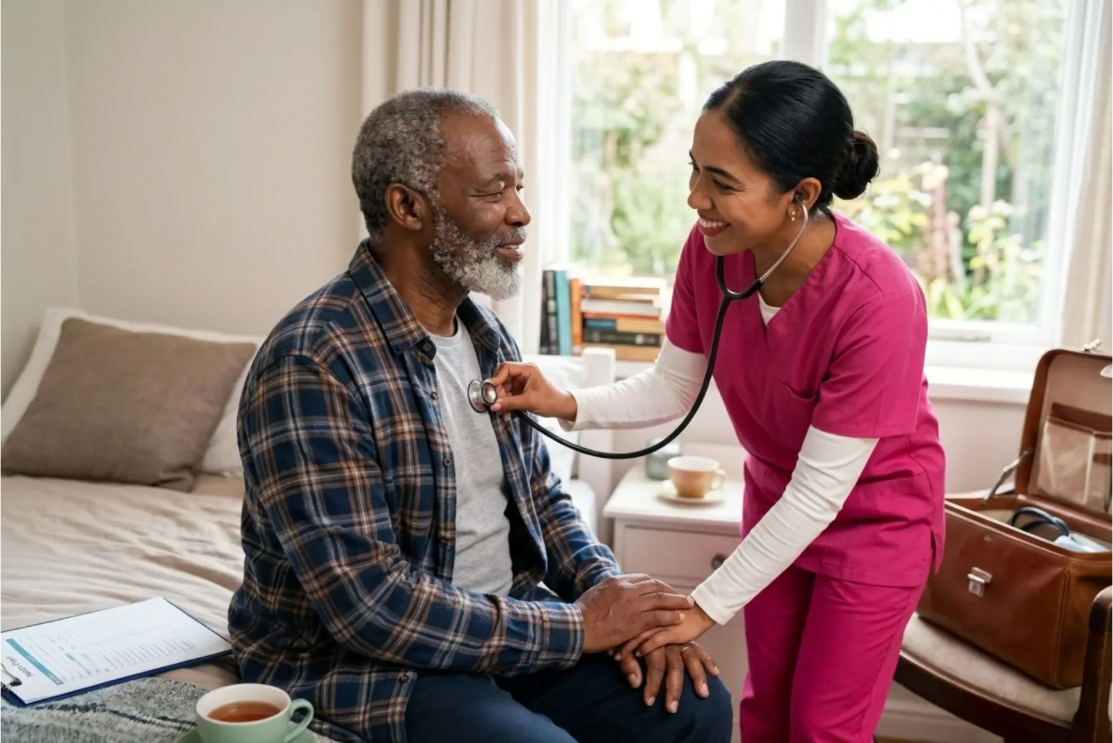 caregiver and senior client having a conversation at home