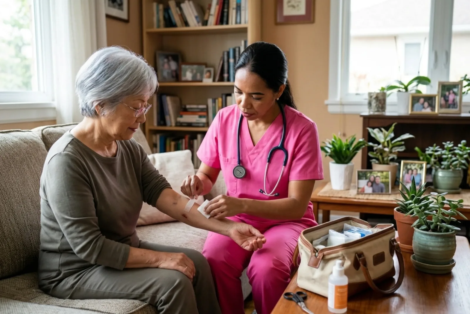 caregiver checking in on a senior client at home