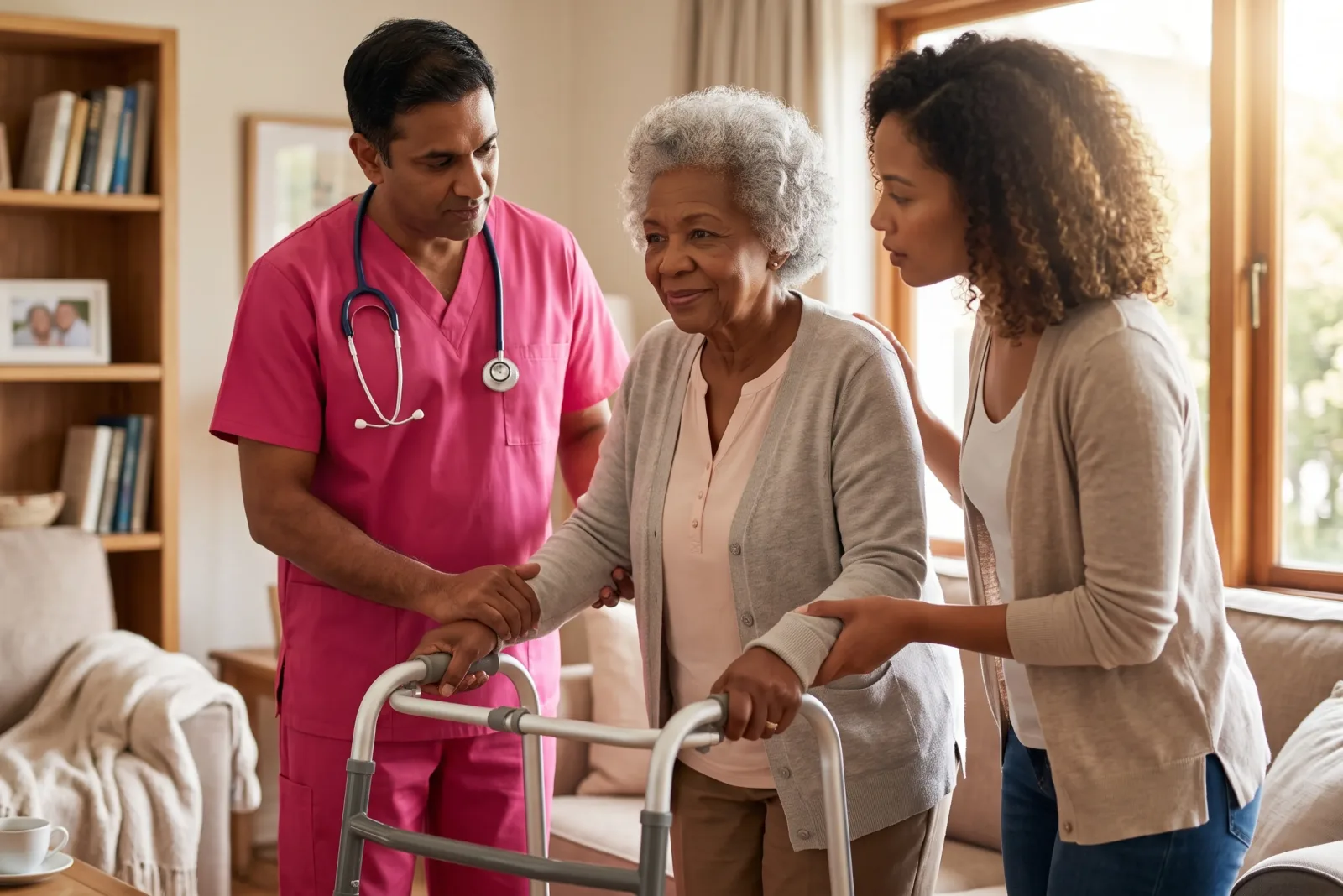 caregiver and senior parent spending time together at home